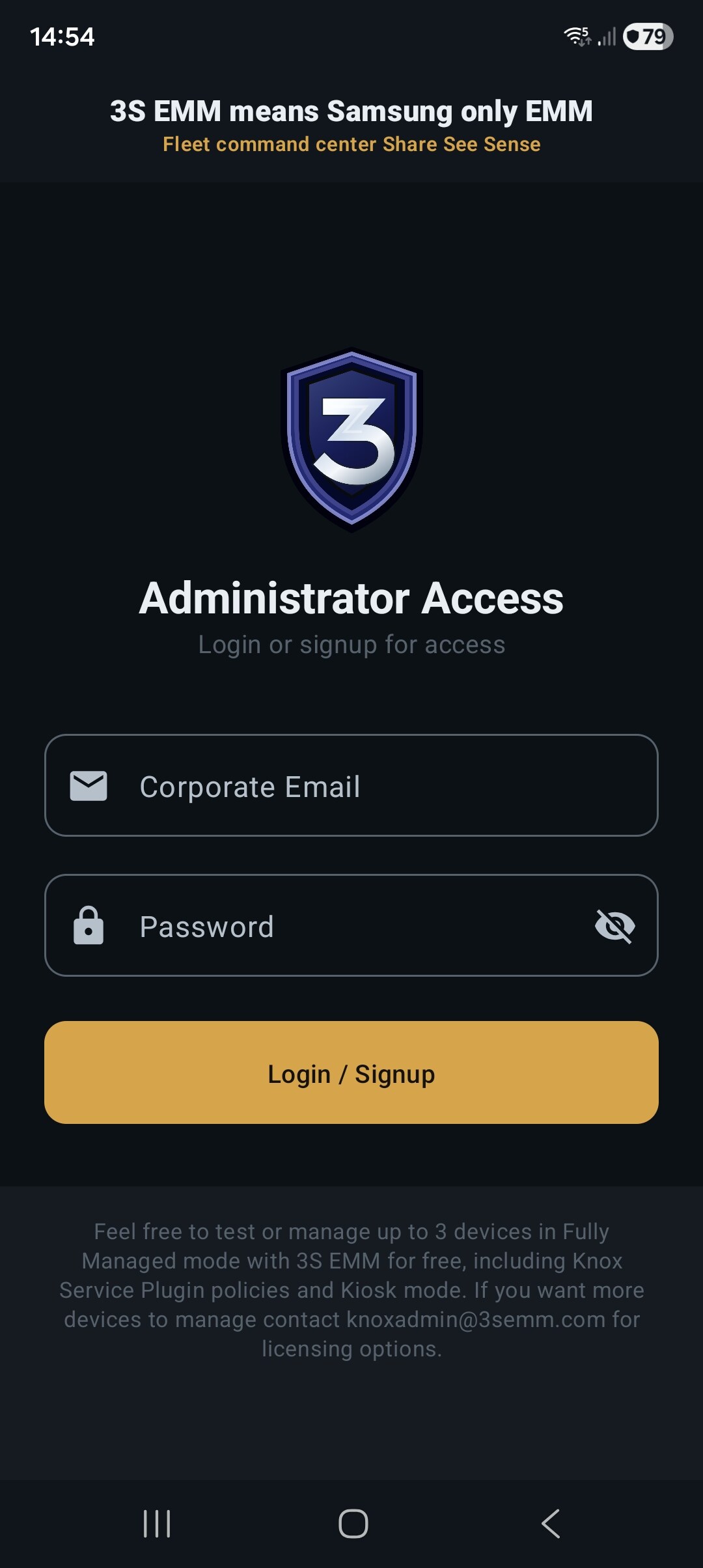 3S EMM Admin app showing a managed Samsung fleet