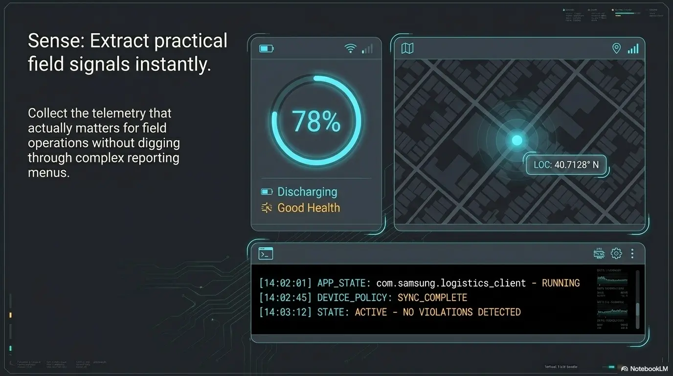 3S EMM telemetry concept showing battery health, location map, and command state signals