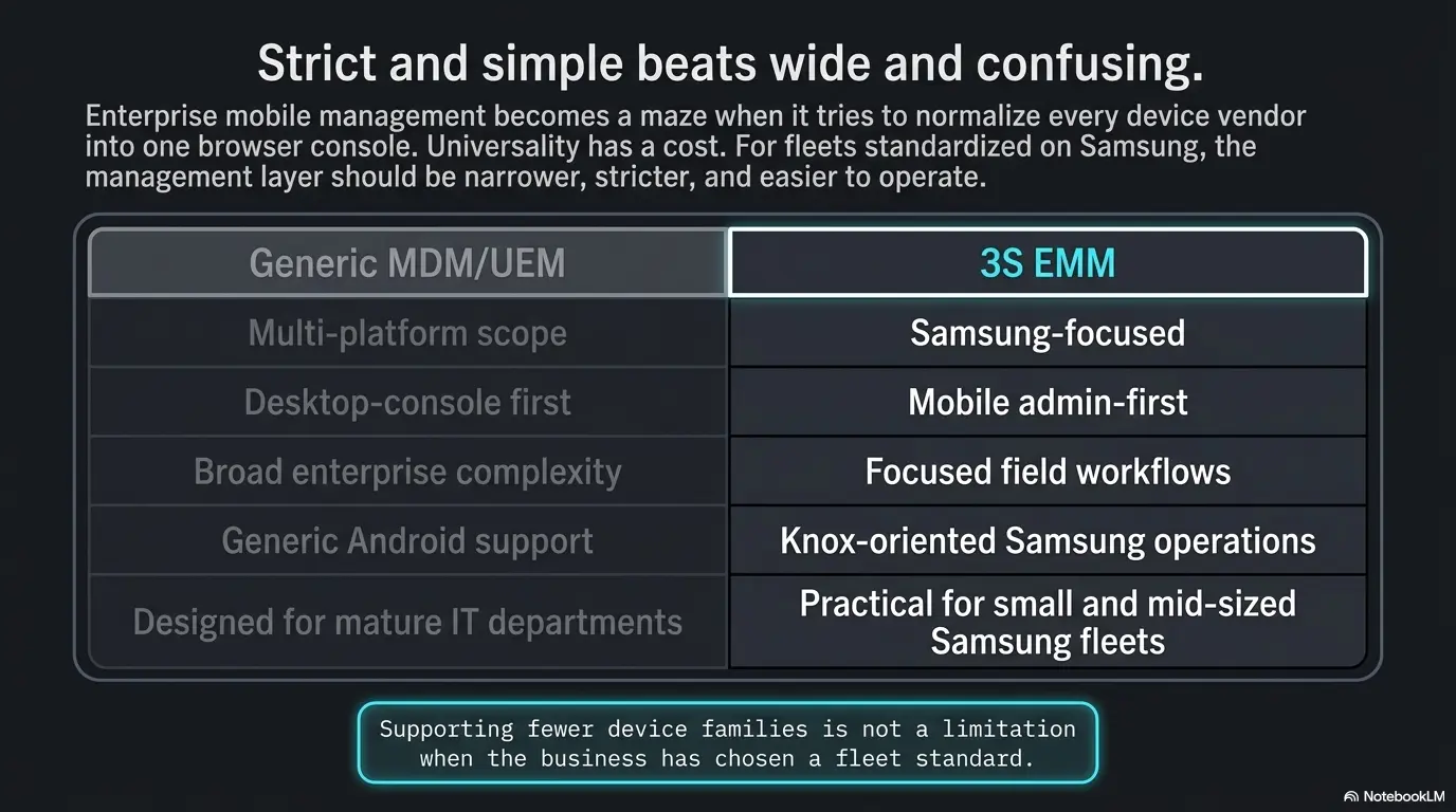 Comparison showing generic MDM and UEM complexity versus 3S EMM Samsung-focused mobile admin operations