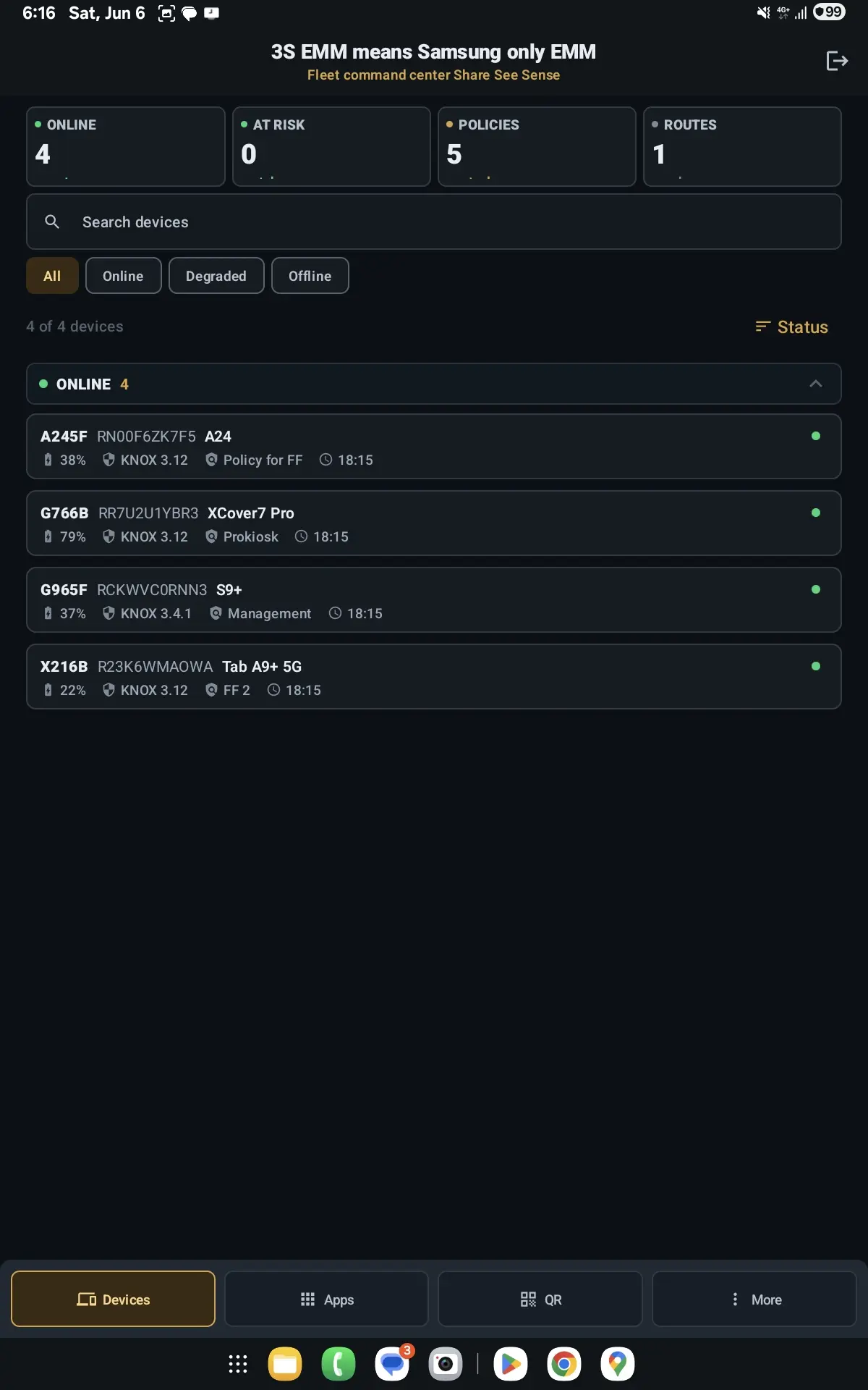 3S EMM admin app Samsung device list screen