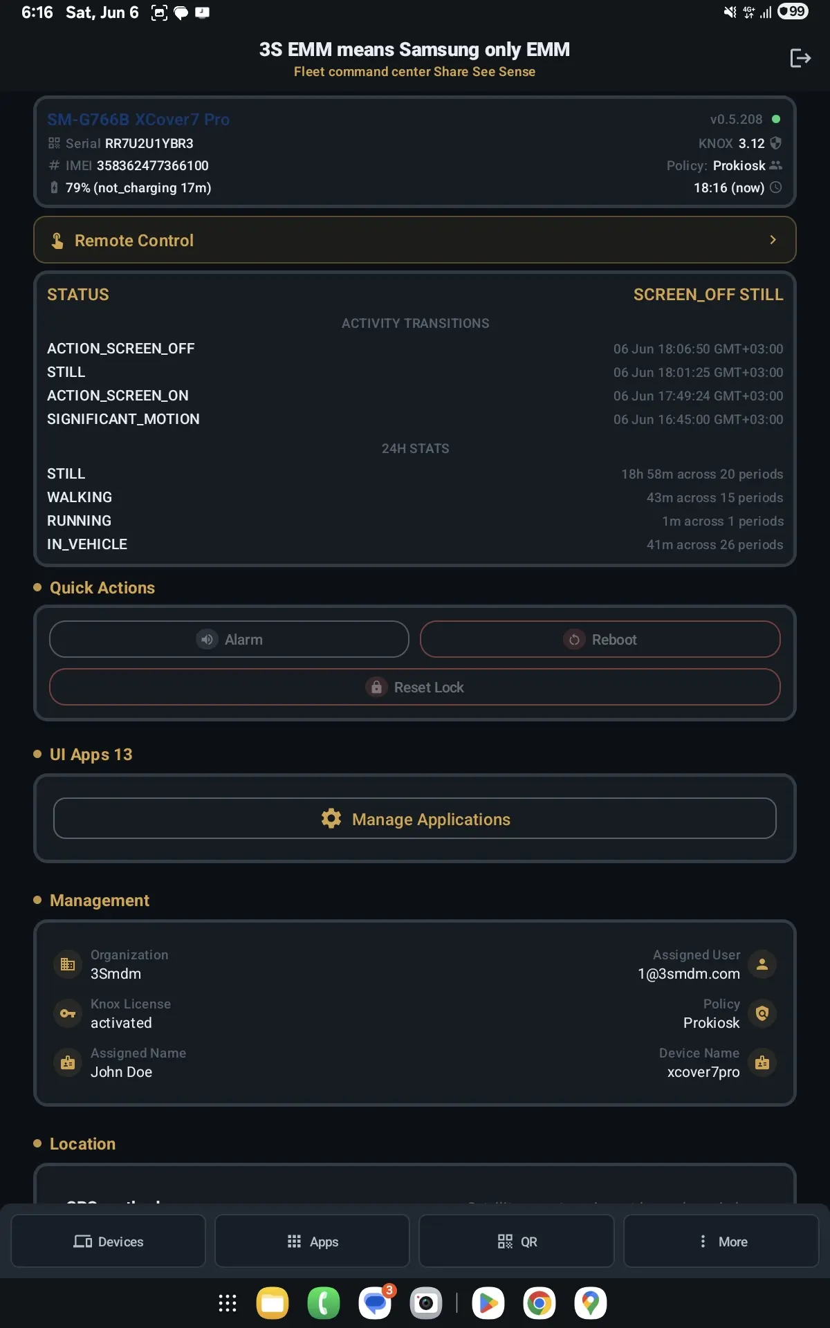 3S EMM operational telemetry screen